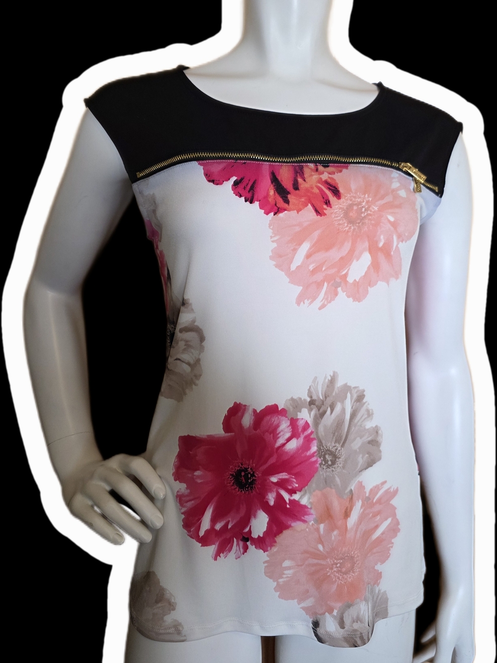 Calvin Klein White Floral Sleeveless Top with Black Yoke and Gold Zip